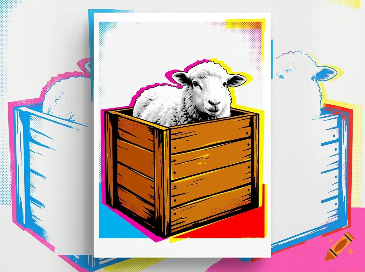 A white sheep inside a wooden box in Warhol pop art style.