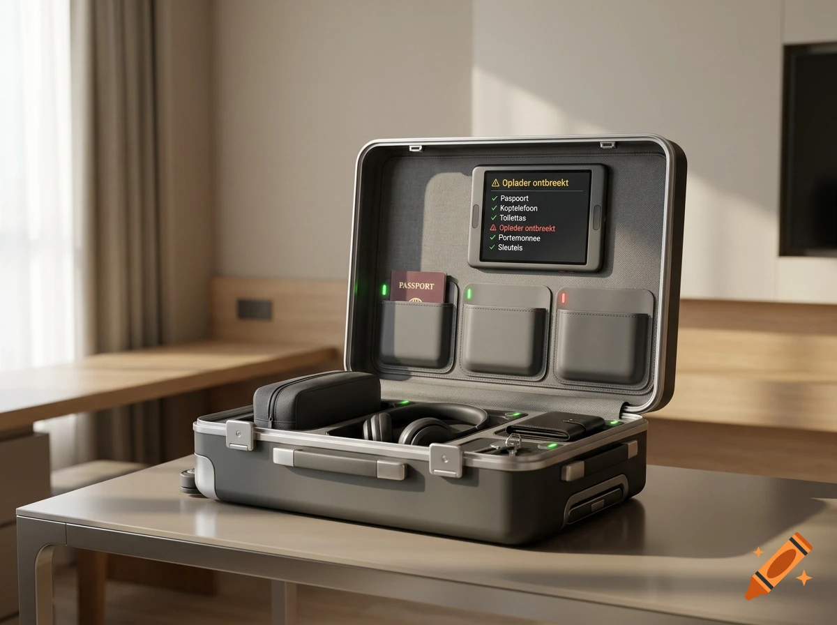 Photorealistic image of an open smart suitcase with compartments and a digital screen showing checklist status.