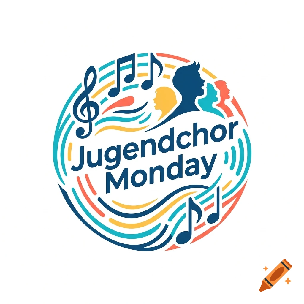 Circular vector logo for Jugendchor Monday featuring silhouettes of singers, musical notes, and wave patterns in blue, teal, orange, and yellow.