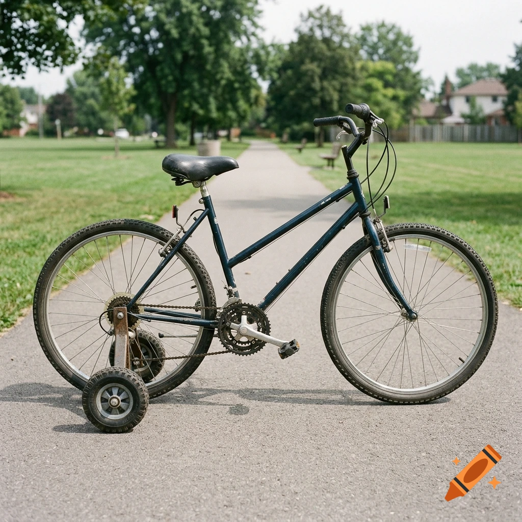 An adult bicycle fitted with training wheels on a paved path in a park, photorealistic.