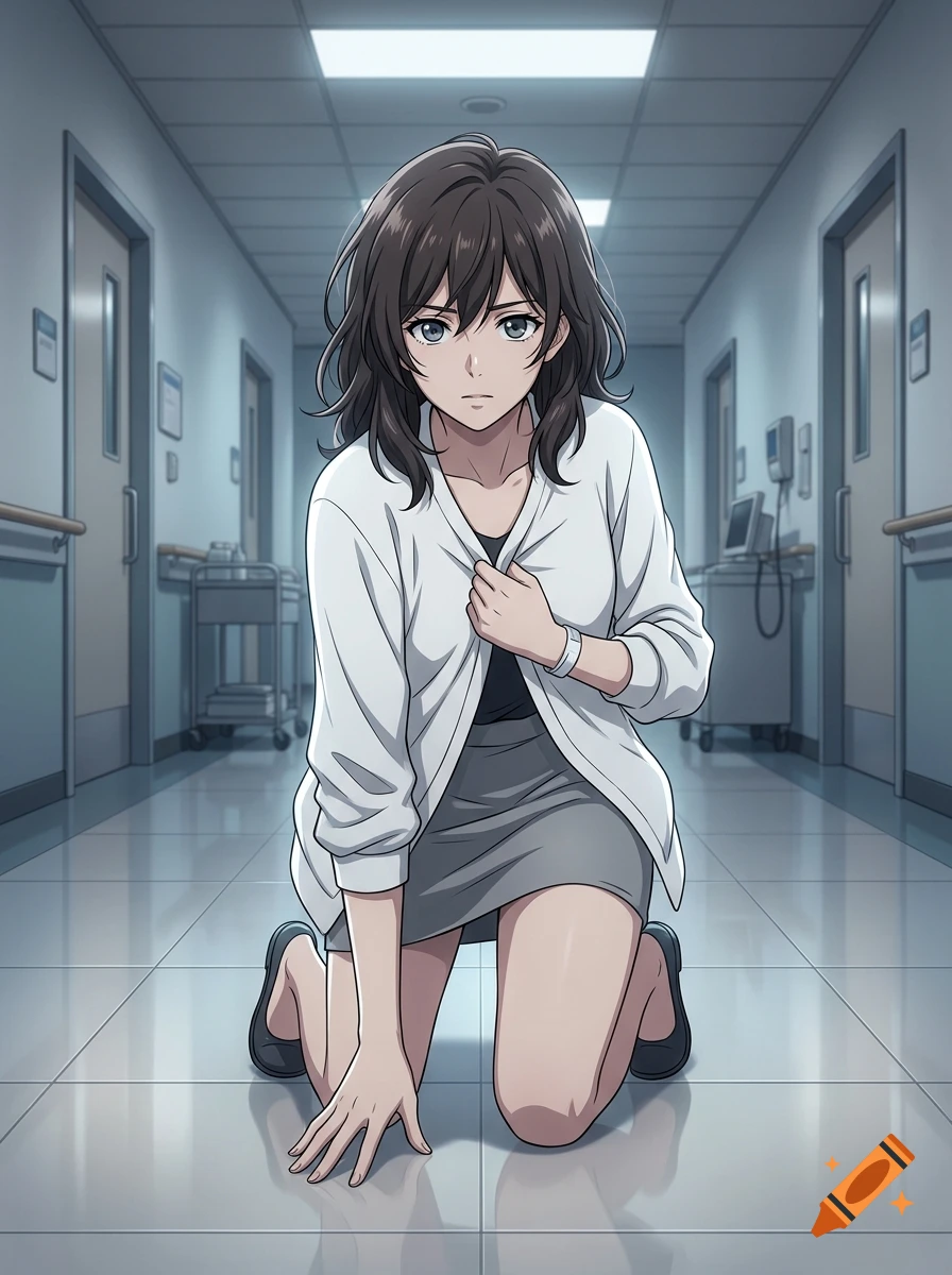 Anime style illustration of a young woman with dark hair kneeling in a hospital hallway.