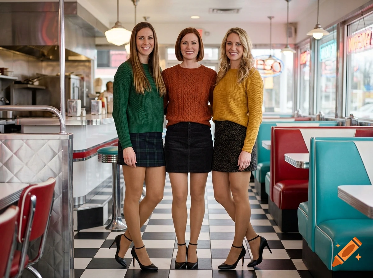 Photorealistic image of three tall women in colorful sweaters and skirts standing inside a 50s diner.