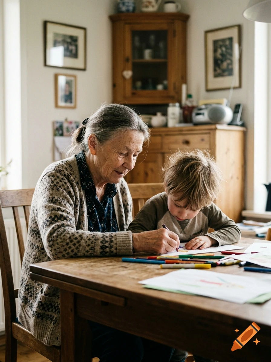 An elderly woman and a young boy sitting together at a wooden table drawing with colored pencils, photorealistic.