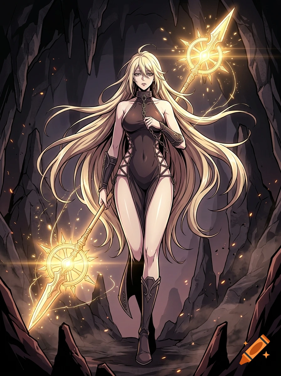 Full-body anime illustration of a slender blonde woman in a dark cavern holding a glowing spear, dark-action manhwa style.