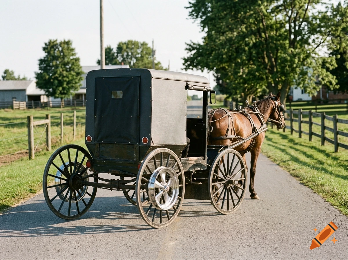 A photorealistic image of an Amish buggy with modern chrome spinner wheels pulled by a brown horse on a rural paved road.