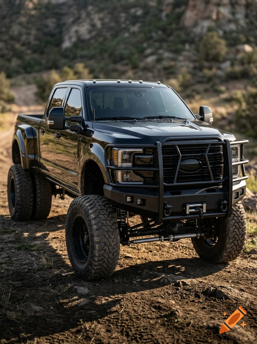Photorealistic image of a lifted black dually pickup truck with large mud tires and a brush guard parked on a dirt path.