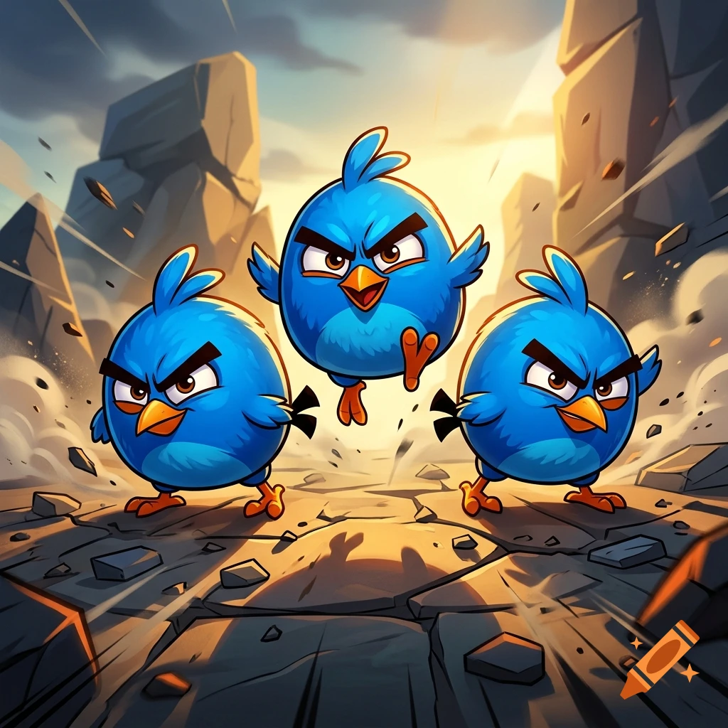 Three blue cartoon birds with angry expressions in a rocky landscape, digital art style.
