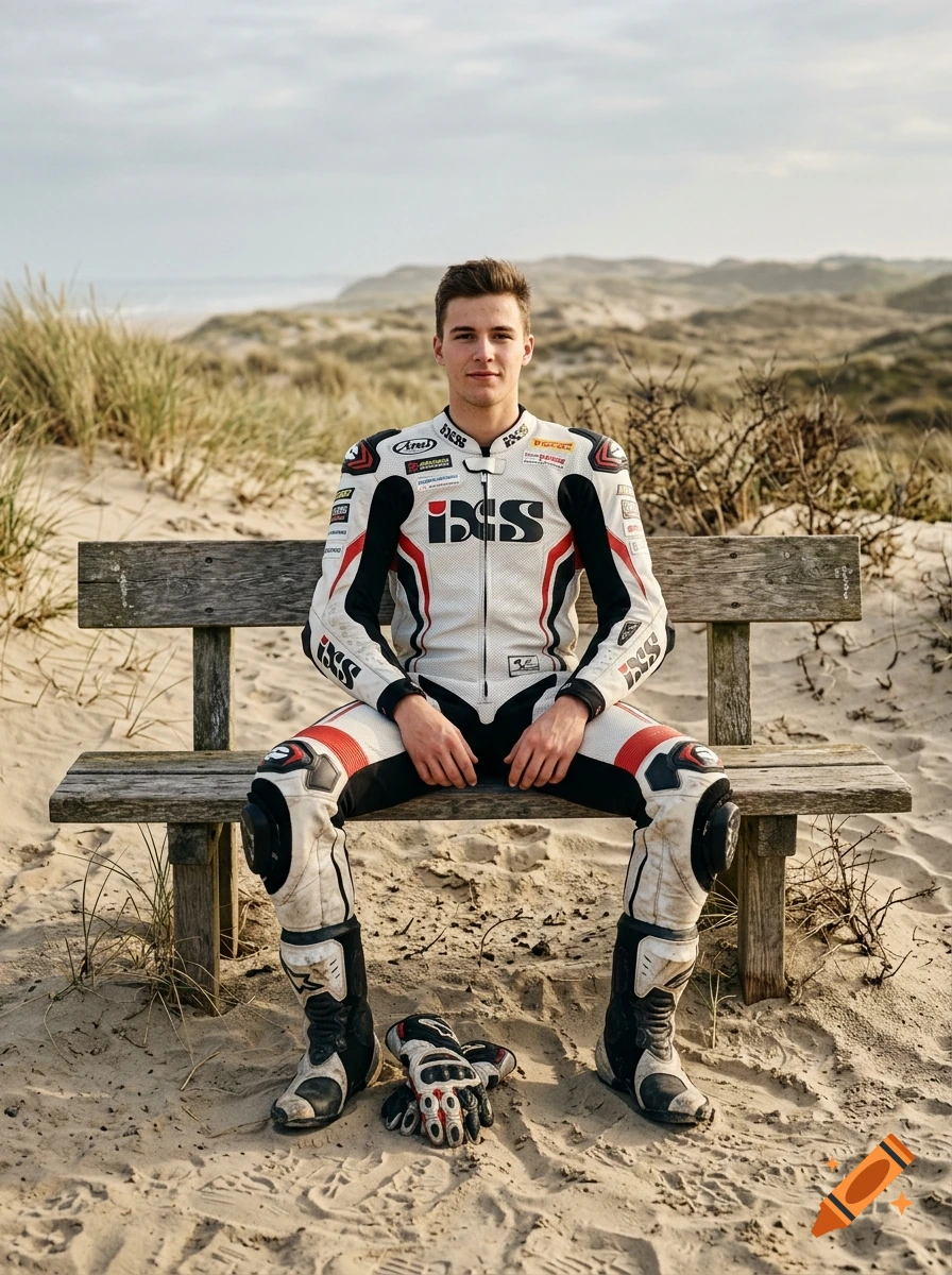 Photorealistic image of a young male motorcycle racer in a white, black, and red IXS leather suit sitting on a wooden bench in a sand dune.