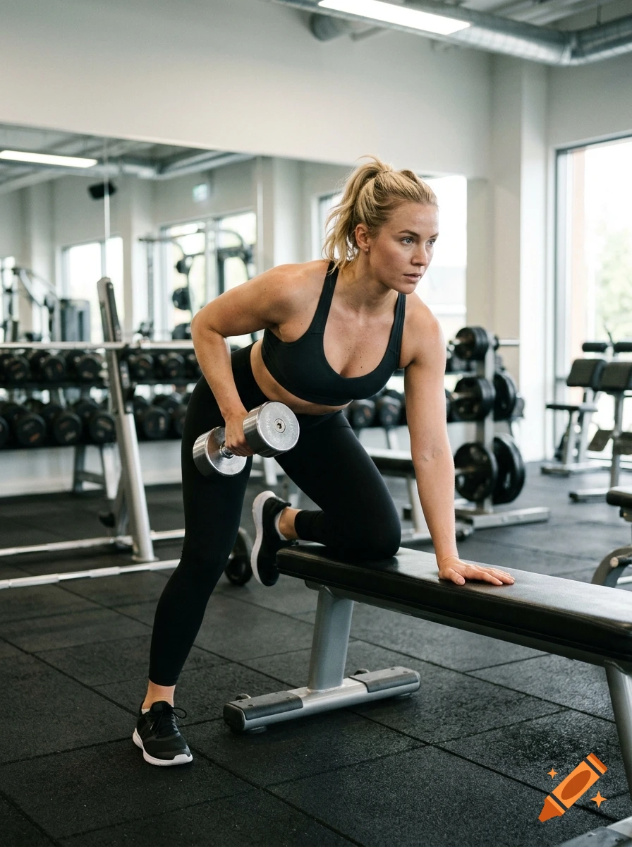 Photorealistic image of a blonde woman in a gym working out with a dumbbell on a bench.