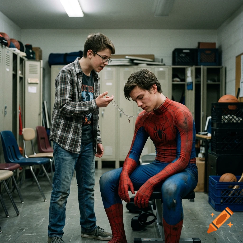 Photorealistic image of a boy in a plaid shirt taunting another boy sitting on a bench in a Spiderman costume in a locker room.