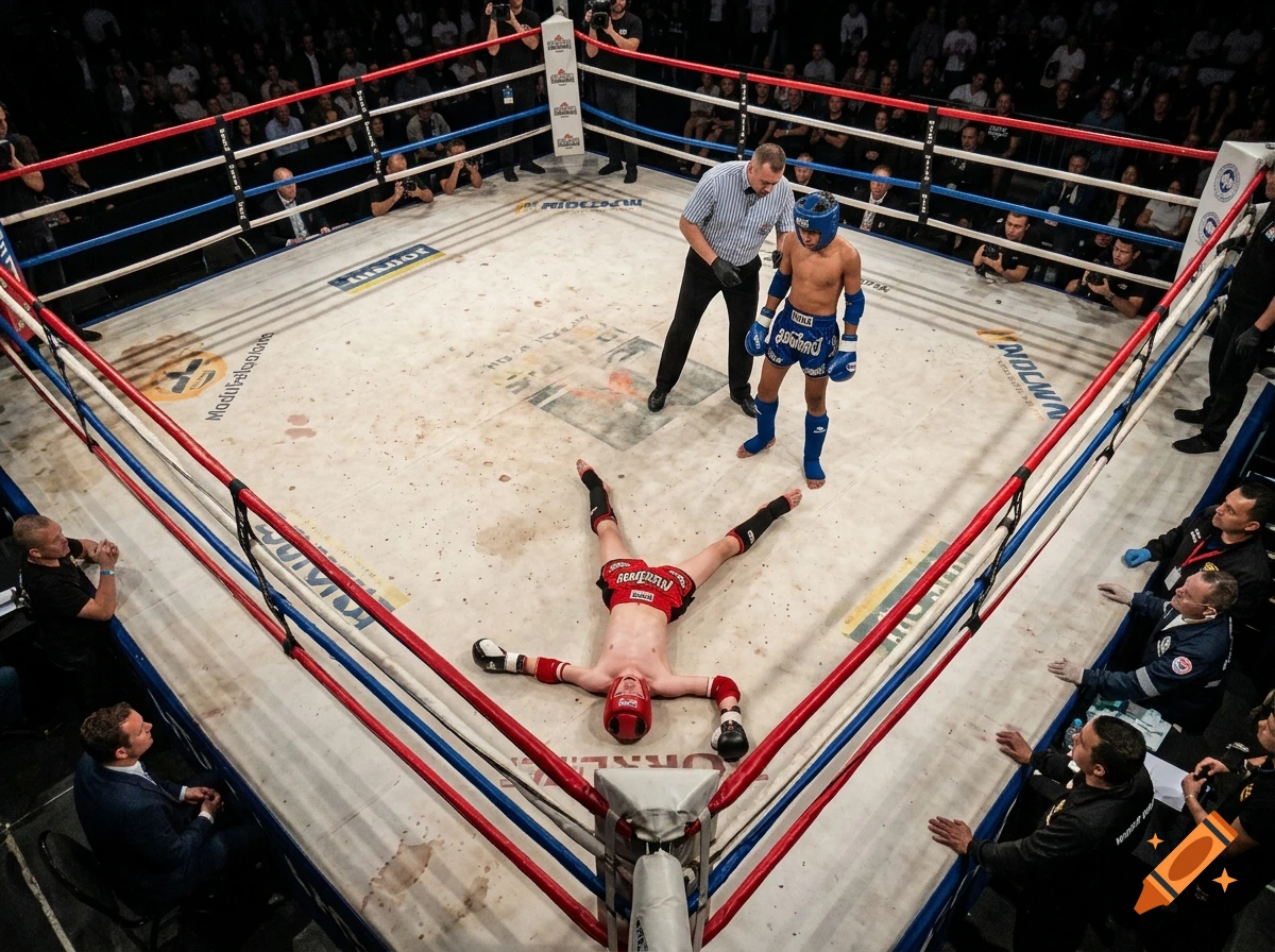 High angle shot of a boxing ring where a fighter lies on the canvas while the referee and opponent stand nearby amidst spectators.