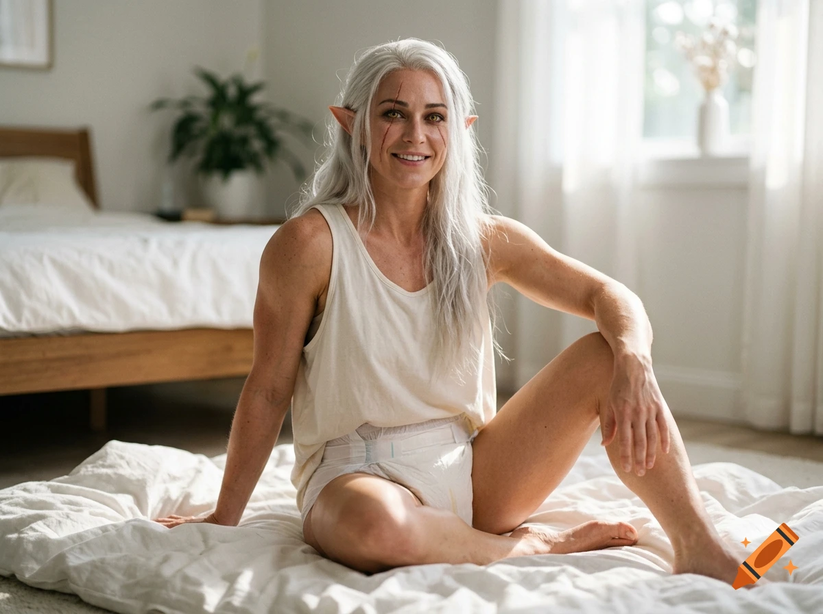 Photorealistic candid portrait of a happy female elf with white hair, facial scar, and yellow eyes wearing a diaper, sitting on a bed.