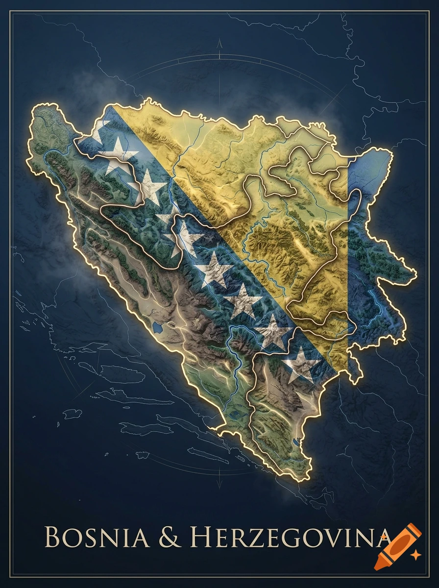 Stylized fantasy map of Bosnia and Herzegovina featuring topographical relief and the national flag.