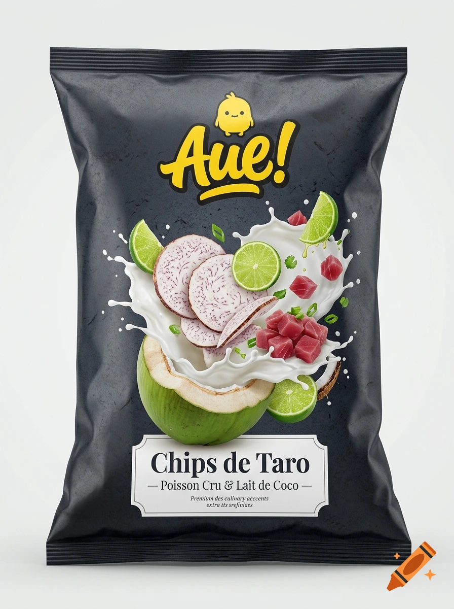 Photorealistic product packaging design for taro chips with coconut and tuna, featuring dark charcoal grey background.