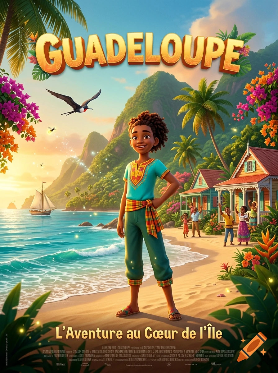 Animated movie poster in Pixar style titled 'Guadeloupe' featuring a young islander on a sunny tropical beach.