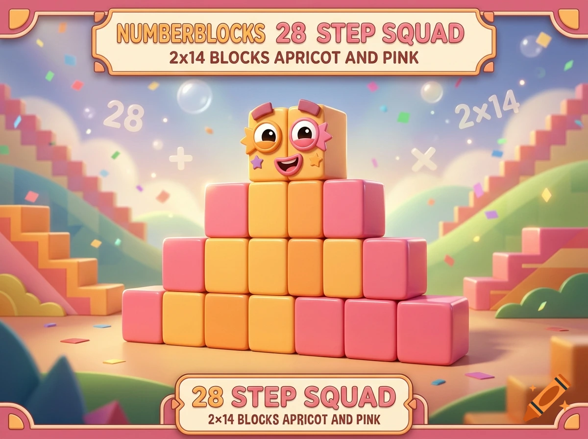 3D render of Numberblocks 28 Step Squad in a colorful pastel landscape with confetti.