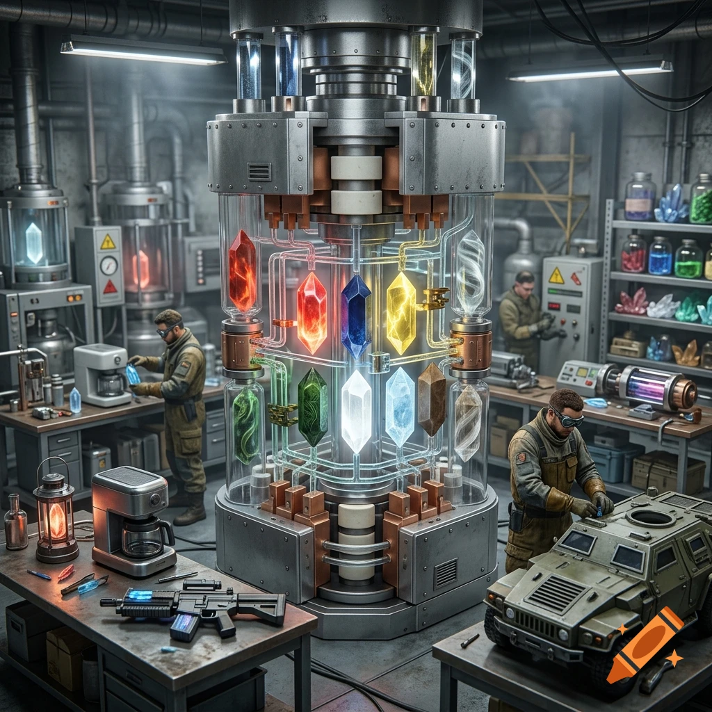 Detailed sci-fi laboratory with workers and a central column filled with glowing magic crystals of various colors.