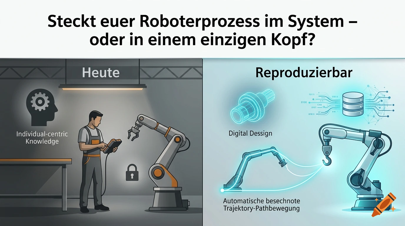 Split-screen infographic comparing manual and automated robot processes in a modern corporate style.