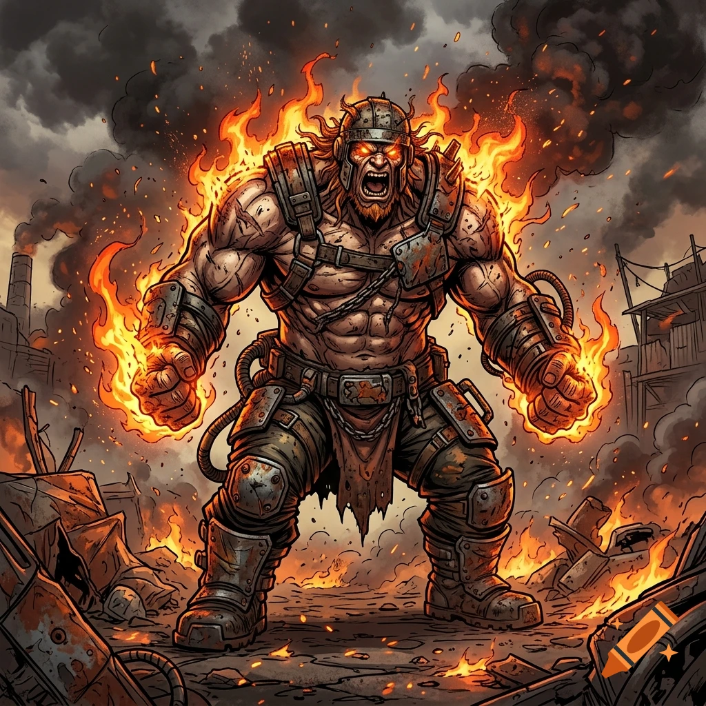 Illustration of a muscular, fiery goliath in armor standing in a ruined wasteland.