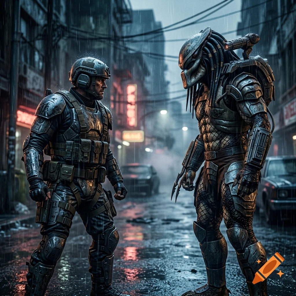 Photorealistic scene of a heavily armored soldier facing off against a Predator alien on a wet, rainy city street at night.