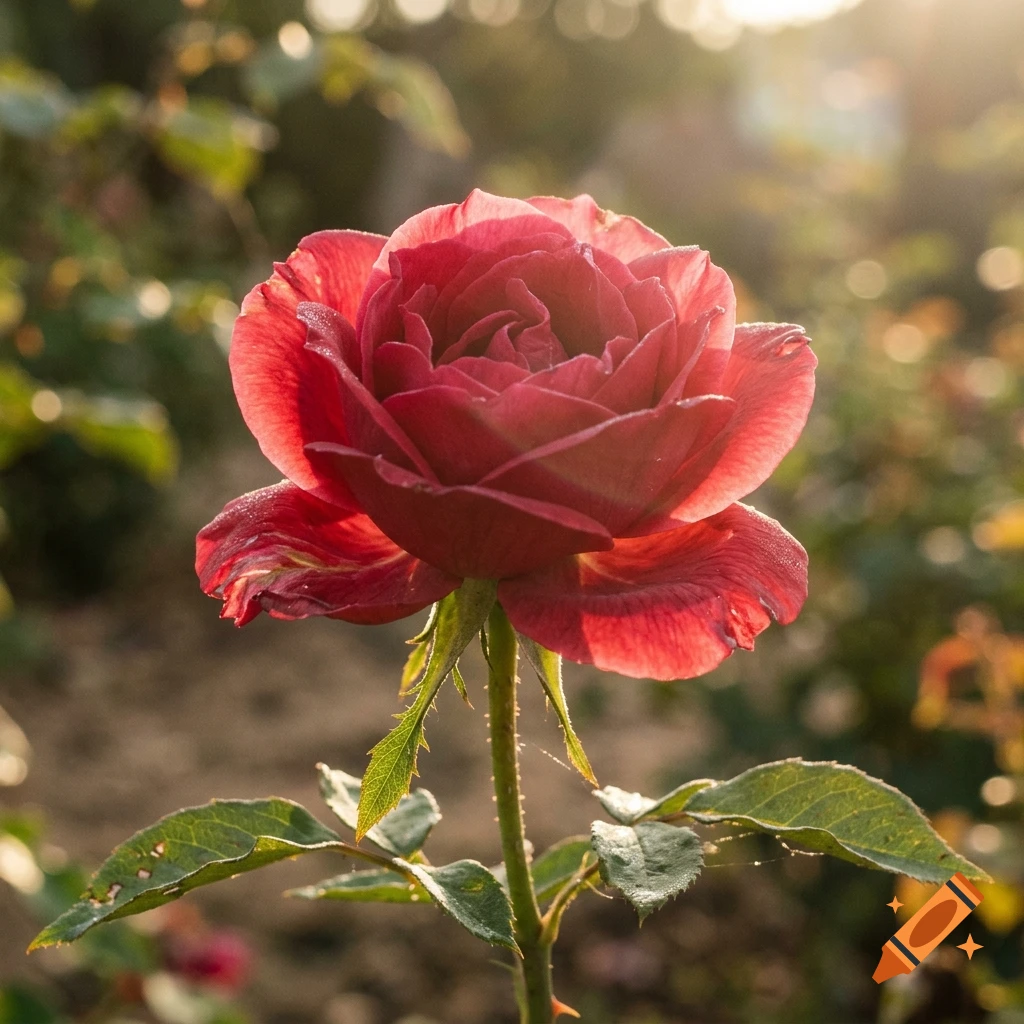 Photorealistic close-up of a red rose with dew drops on its petals against a sunlit garden background.
