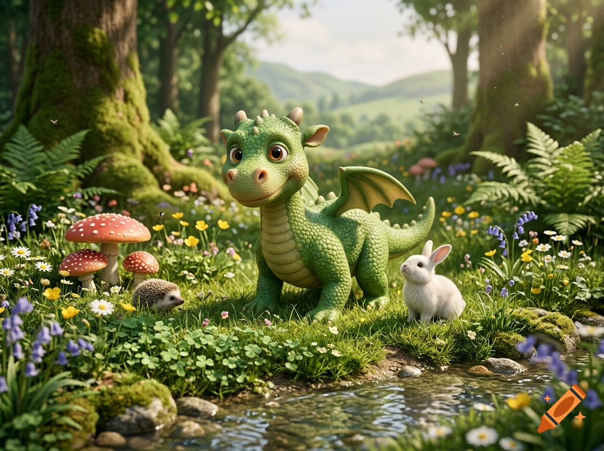 A friendly green baby dragon standing in a sunny forest near a stream, with a small hedgehog, a white rabbit, and mushrooms.