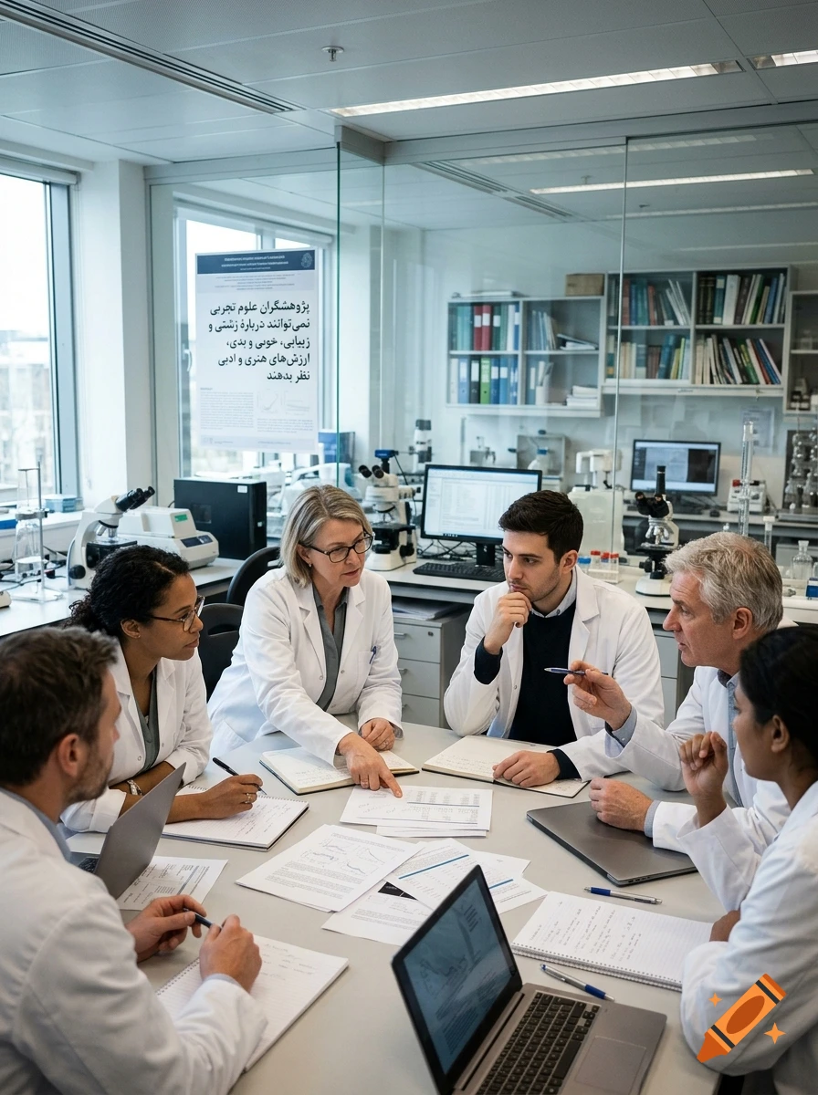 A diverse group of researchers in white lab coats having a meeting around a table in a modern laboratory.