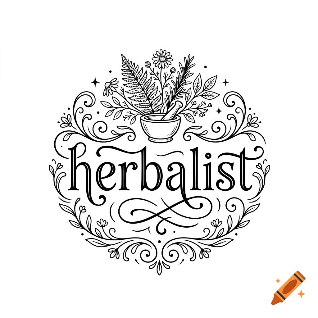 Black and white line art shop sign for an herbalist featuring a mortar and pestle, herbs, and decorative flourishes.