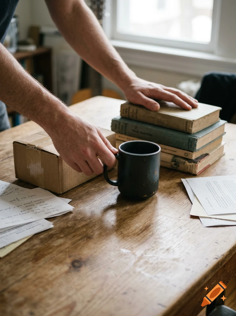 Close-up of a person packing a cardboard box next to a stack of books and a coffee mug on a wooden table.