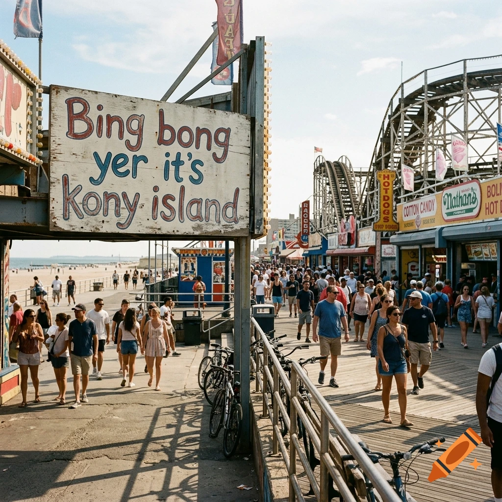 Photorealistic shot of a busy boardwalk with people walking by a large sign reading Bing bong yer it's kony island and a wooden roller coaster.