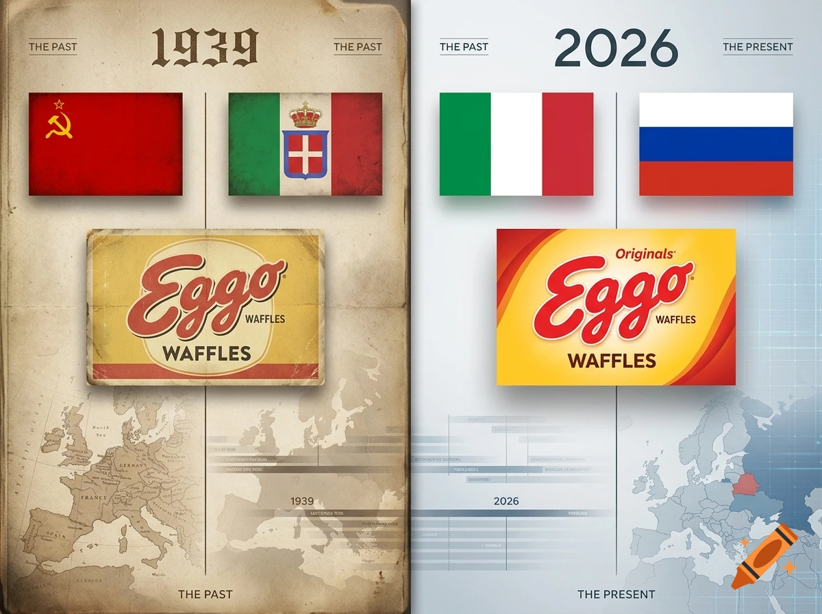 Before and after comparison of 1939 with Soviet and Italian flags and an old Eggo box, versus 2026 with Italian and Russian flags and a modern Eggo box.