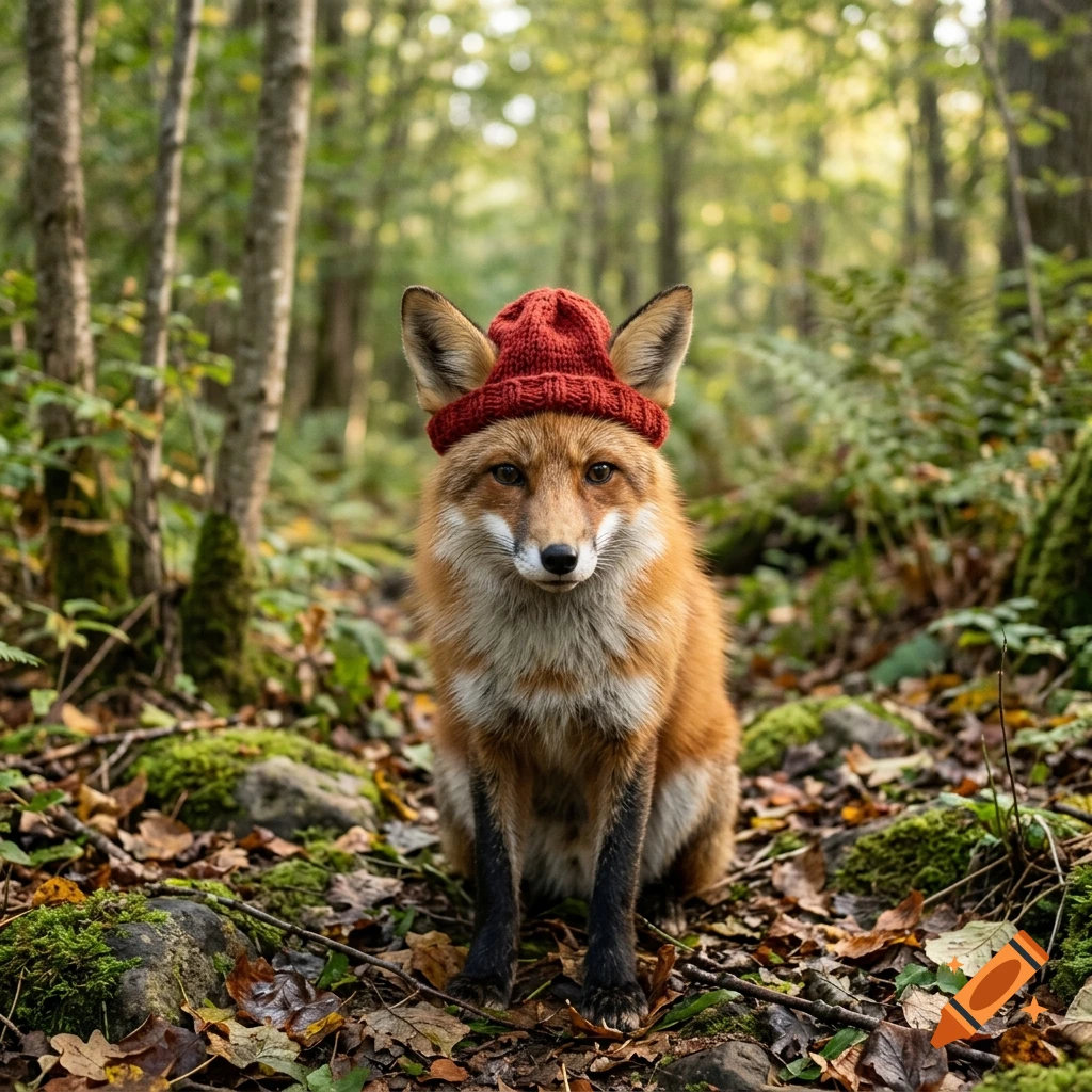 Photorealistic image of a cute fox wearing a red knitted hat, sitting in a forest.