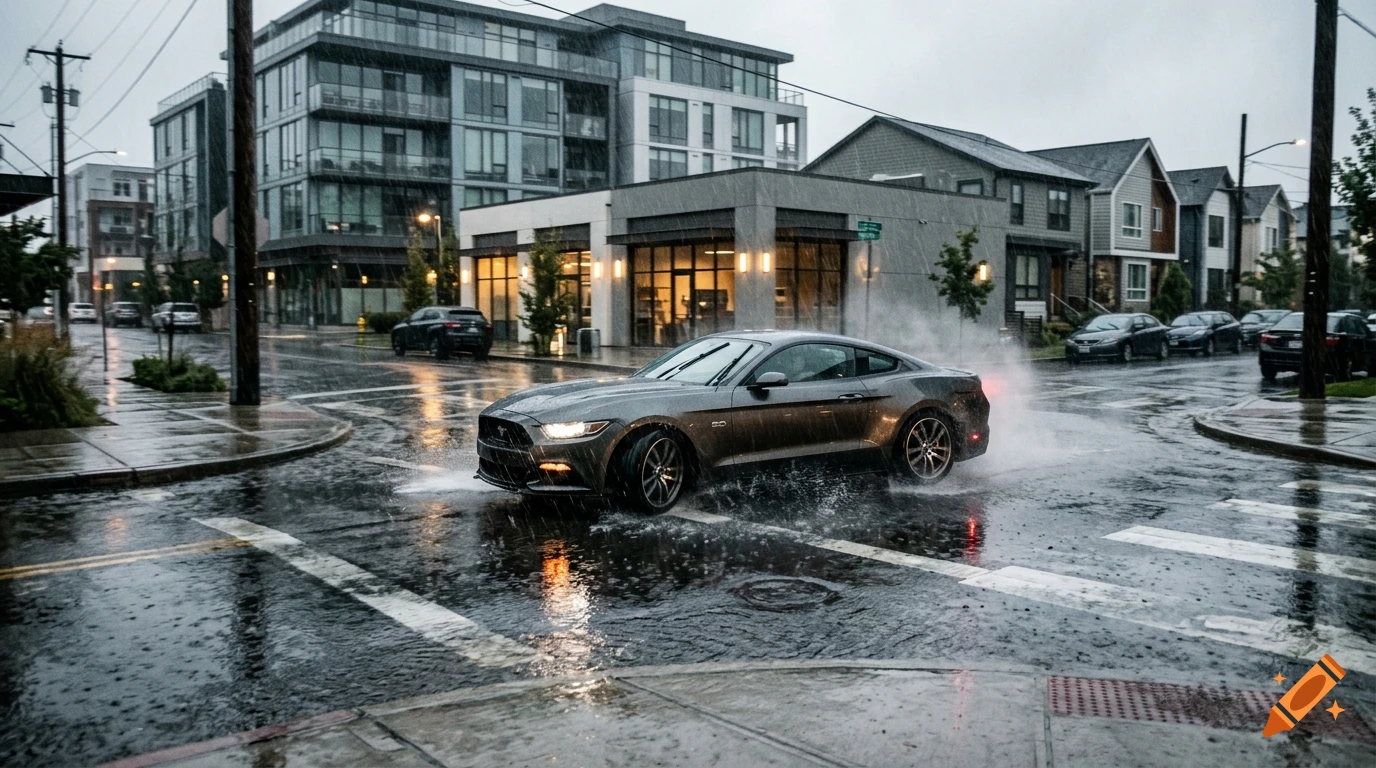 A gray sports car drifting and splashing water on a wet city intersection during rain, photorealistic.