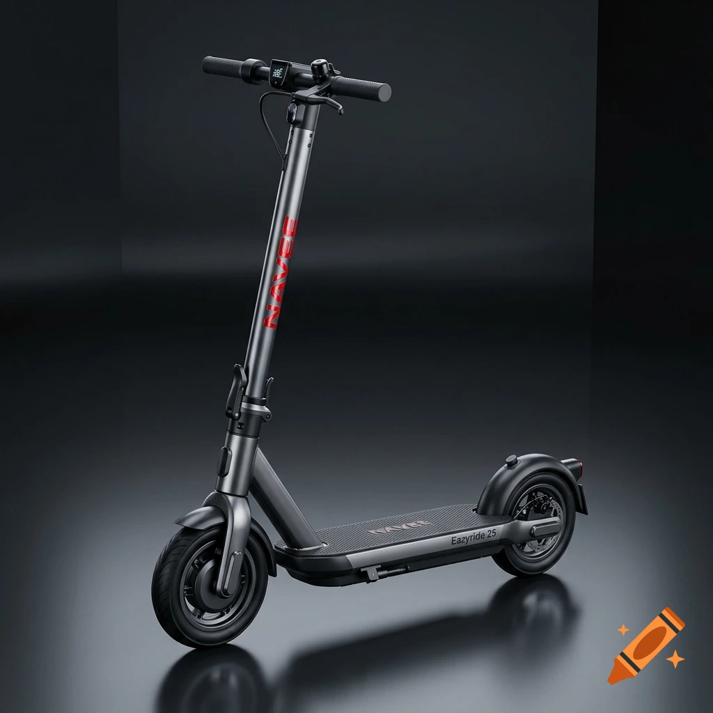 Photorealistic studio shot of a dark gray electric scooter with red Navee branding on a reflective dark surface.