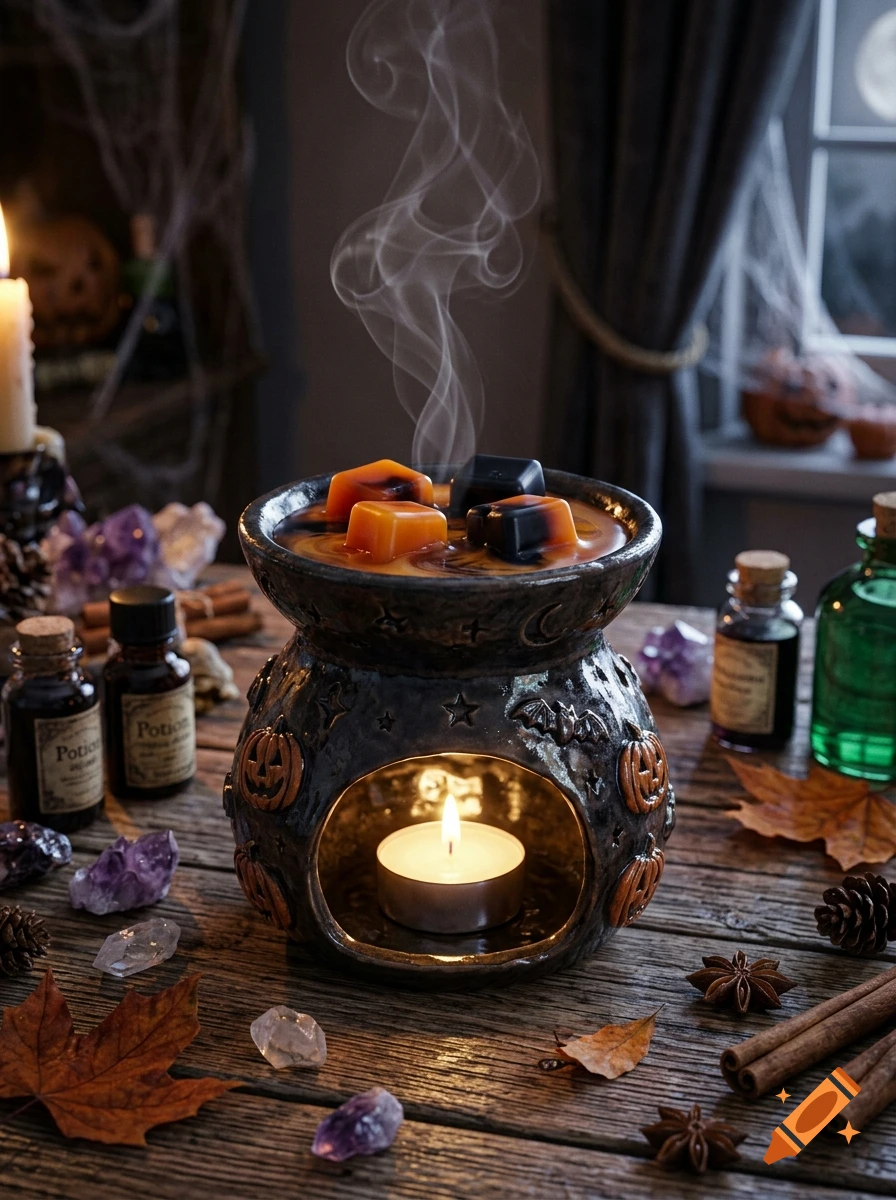 Photorealistic image of a Halloween wax melt burner on a wooden table surrounded by potion bottles, crystals, and autumn leaves.