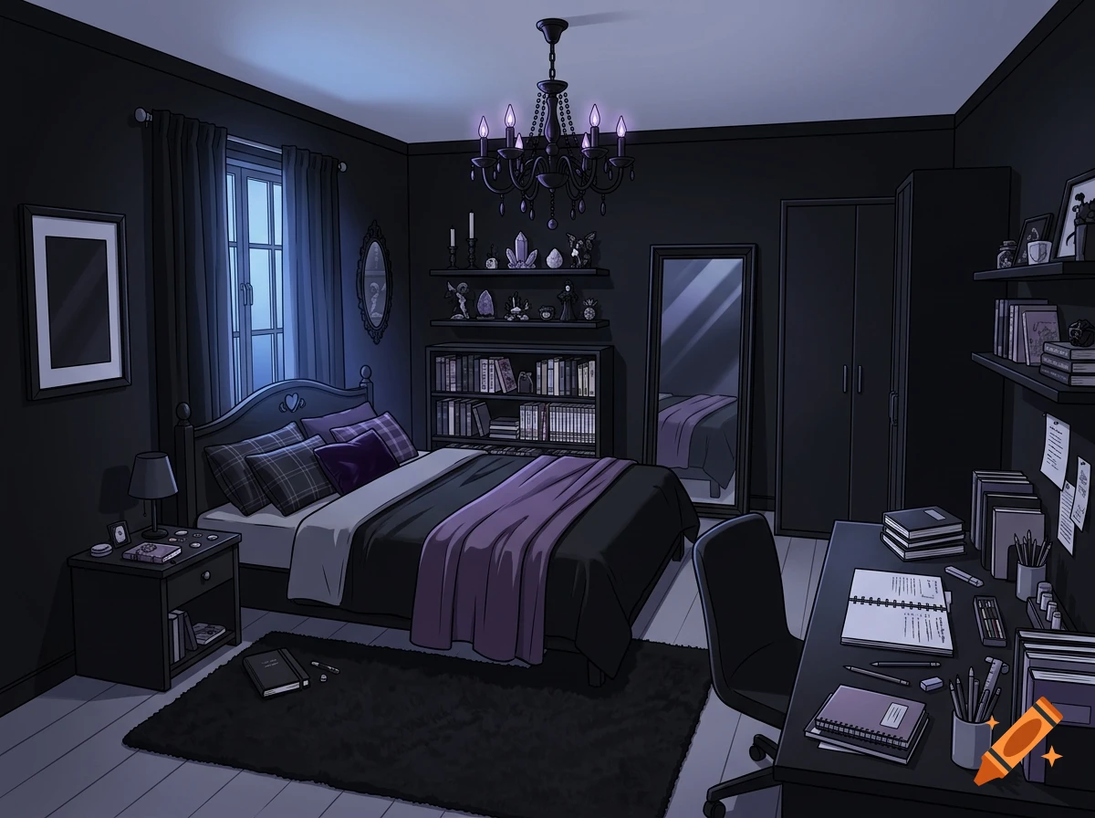 Anime style illustration of a dark emo bedroom with black walls, purple bedding, and a chandelier.