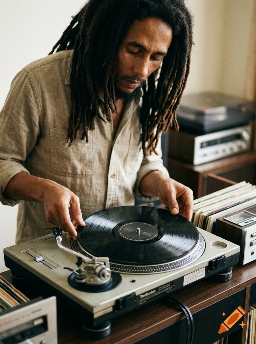 Photorealistic image of Bob Marley wearing a beige linen shirt, placing a vinyl record on a Technics turntable.