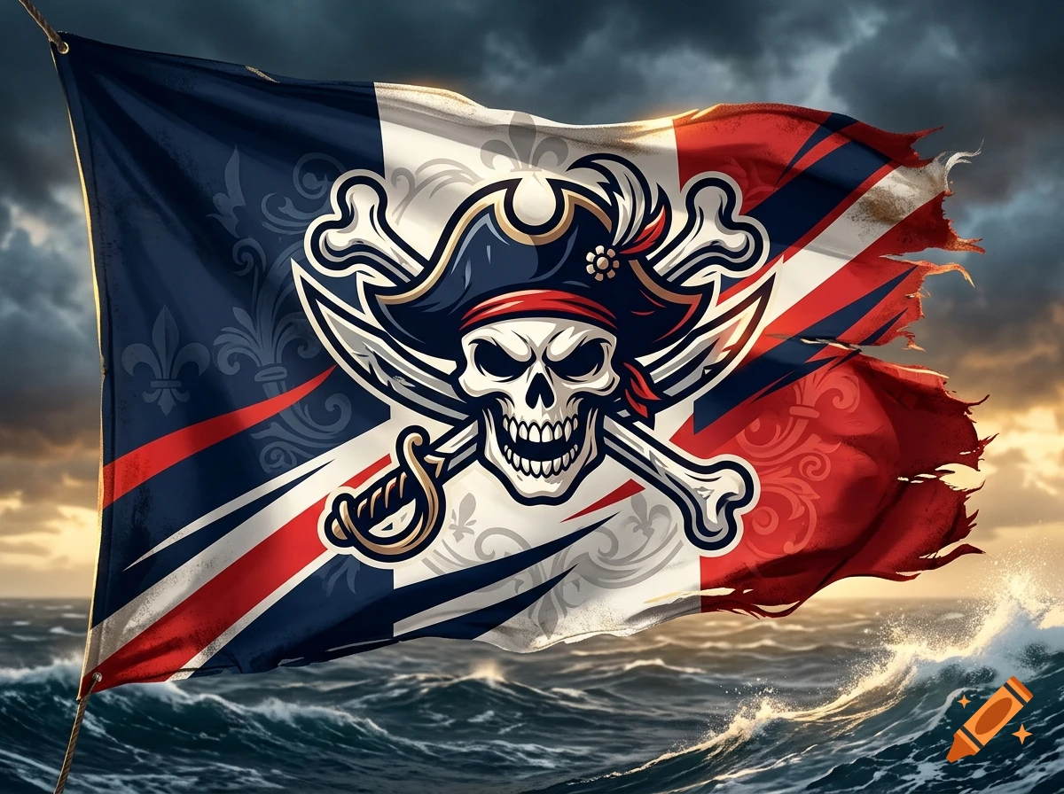 A tattered pirate flag with a skull and crossbones design, featuring French and British flag elements, flying over a stormy sea.