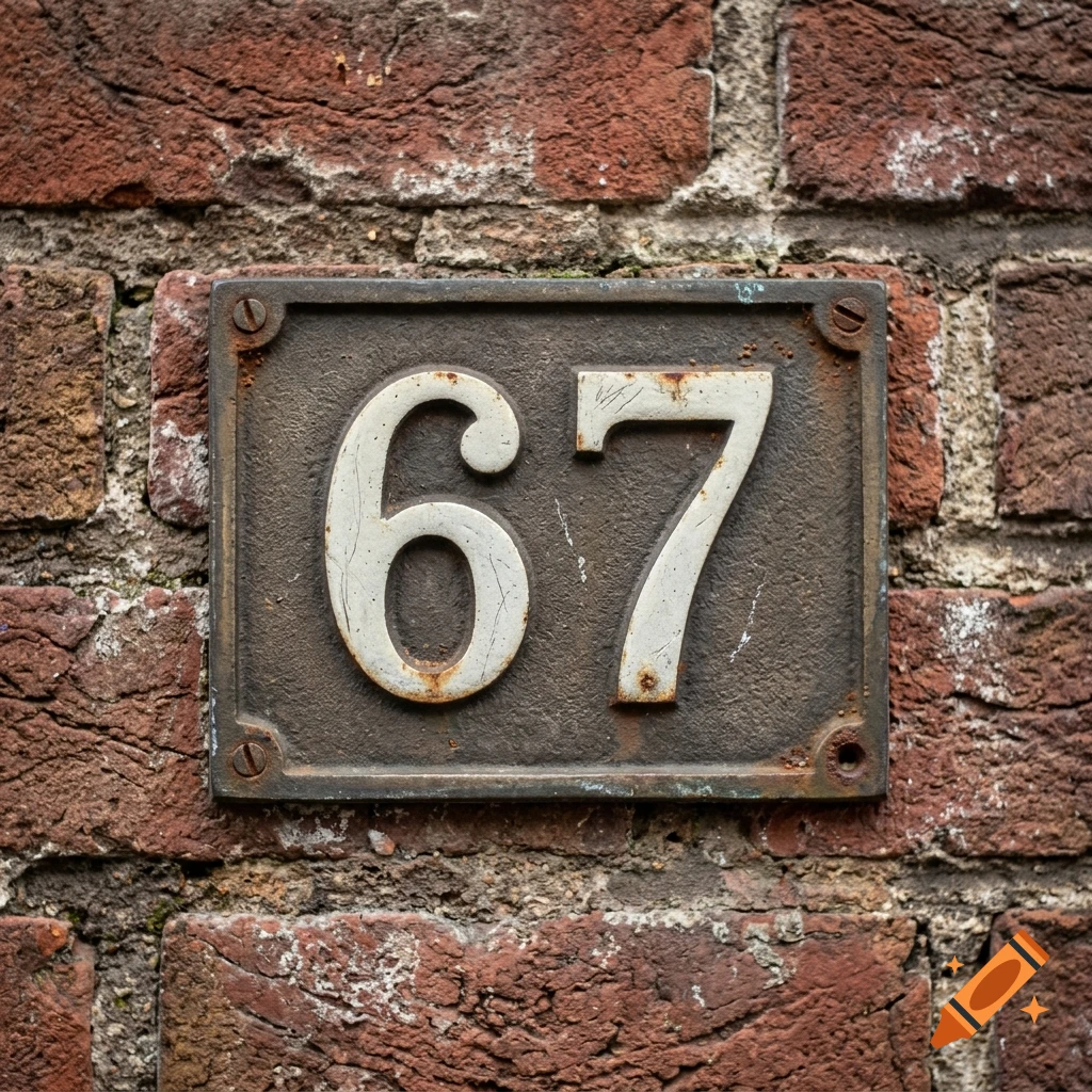 Close-up of a weathered metal sign with the number 67 mounted on a red brick wall, photorealistic.