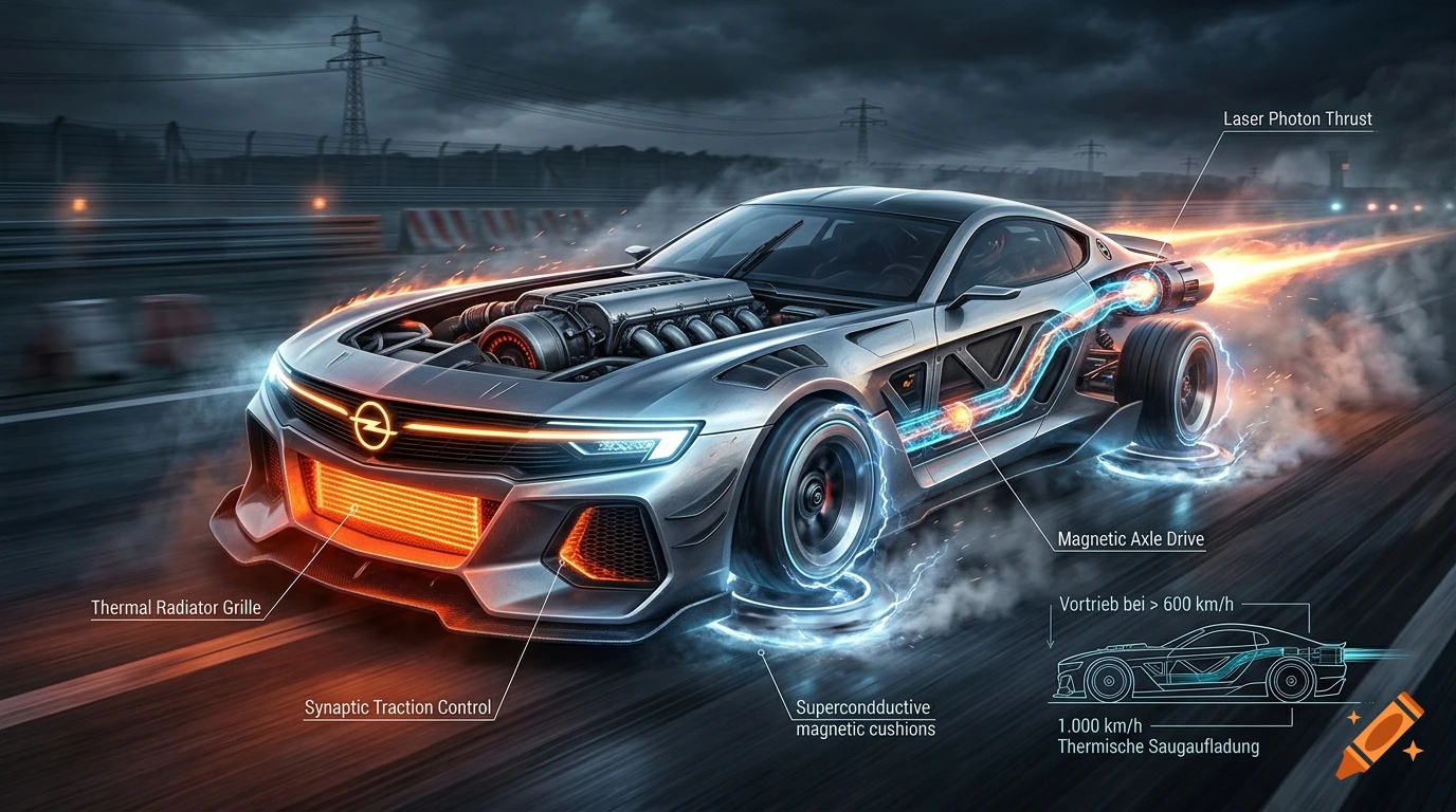 A sleek, futuristic silver sports car with an exposed engine and glowing orange details racing on a track, with technical labels pointing to parts.