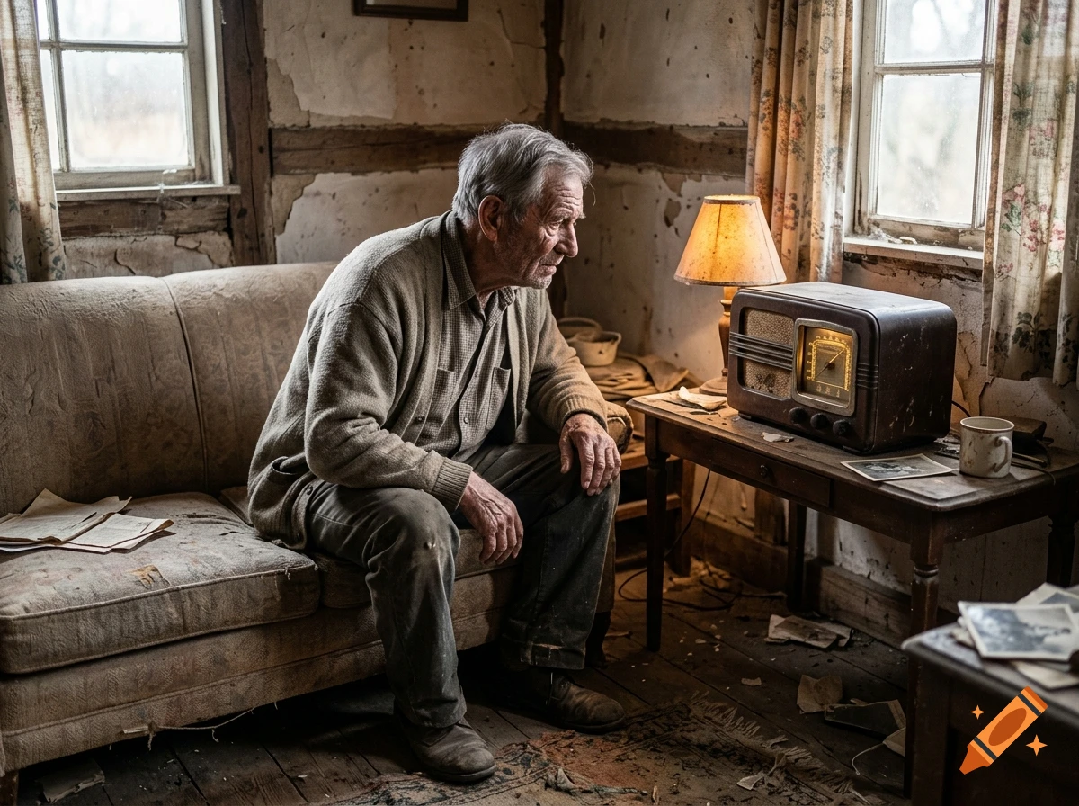An elderly man sitting on a worn-out sofa in a dilapidated room, looking at an old vintage radio on a wooden table.