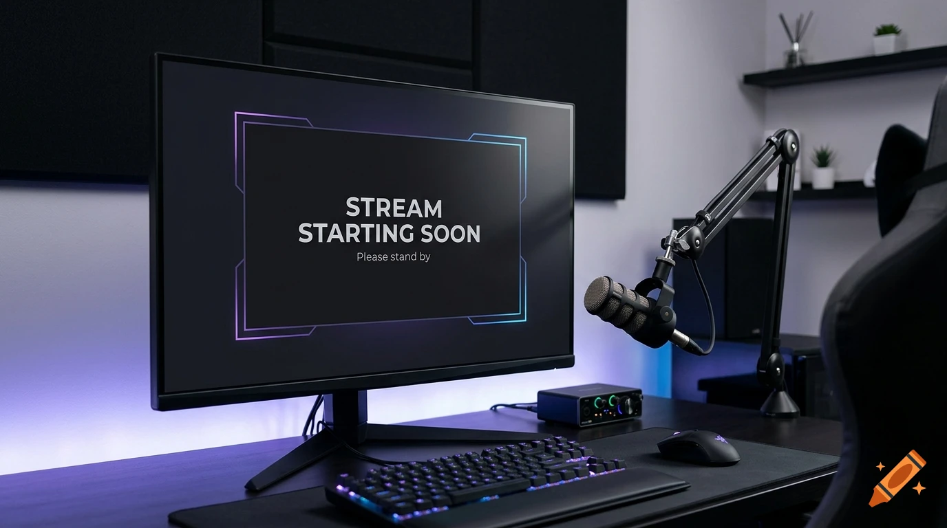 Photorealistic streaming setup with a monitor displaying 'STREAM STARTING SOON', a microphone, and keyboard on a desk.