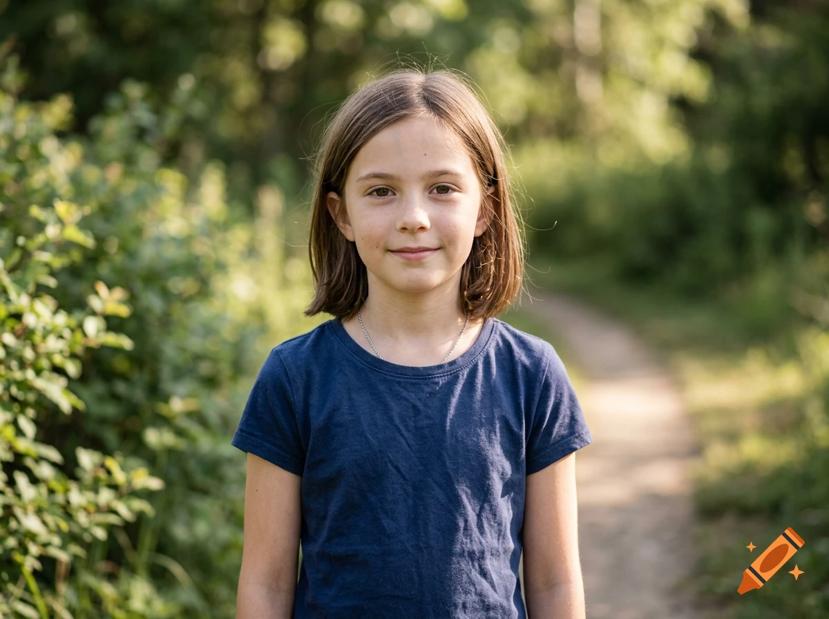 Photorealistic portrait of a young girl standing outdoors on a path with a blurry green background.