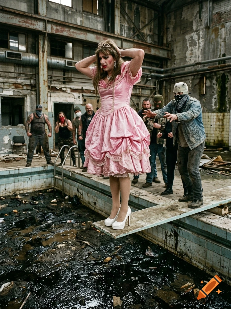 A photorealistic scene inside an abandoned industrial building where a person in a pink dress stands nervously on a diving board over a murky pool, surrounded by hostile onlookers.