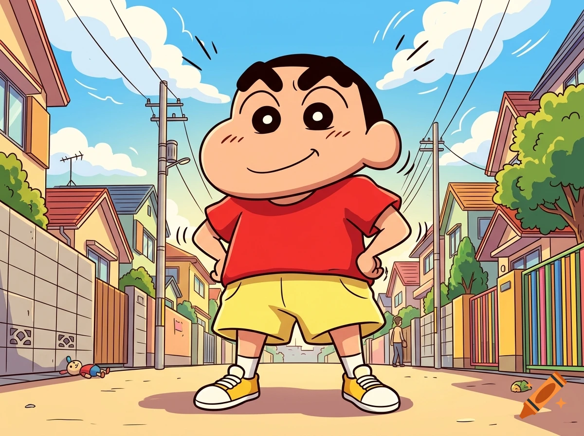 Anime style illustration of Shin-chan standing with hands on hips in a Japanese suburban neighborhood street.