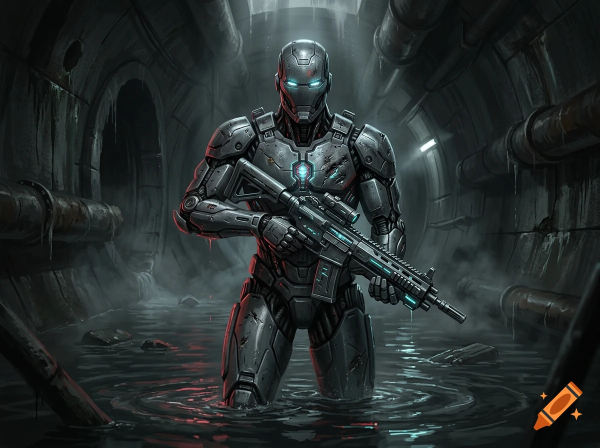 Dark cyberpunk combat android with glowing blue eyes holding an assault rifle, standing in a flooded underground sewer.