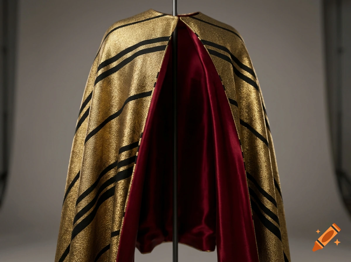 A gold cape with black stripes and a dark red silk interior, displayed on a stand.