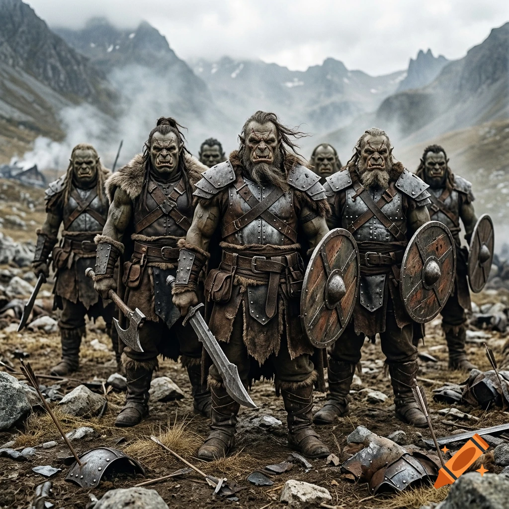Photorealistic image of a group of armed orc warriors in armor standing in a rocky mountain landscape.