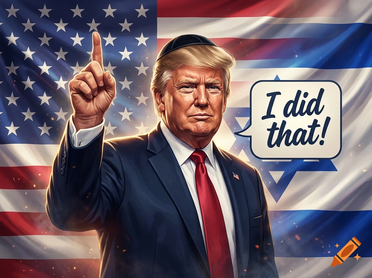 Illustration of Donald Trump wearing a kippah and red tie, pointing upward in front of a blended US and Israeli flag, with a speech bubble saying I did that!