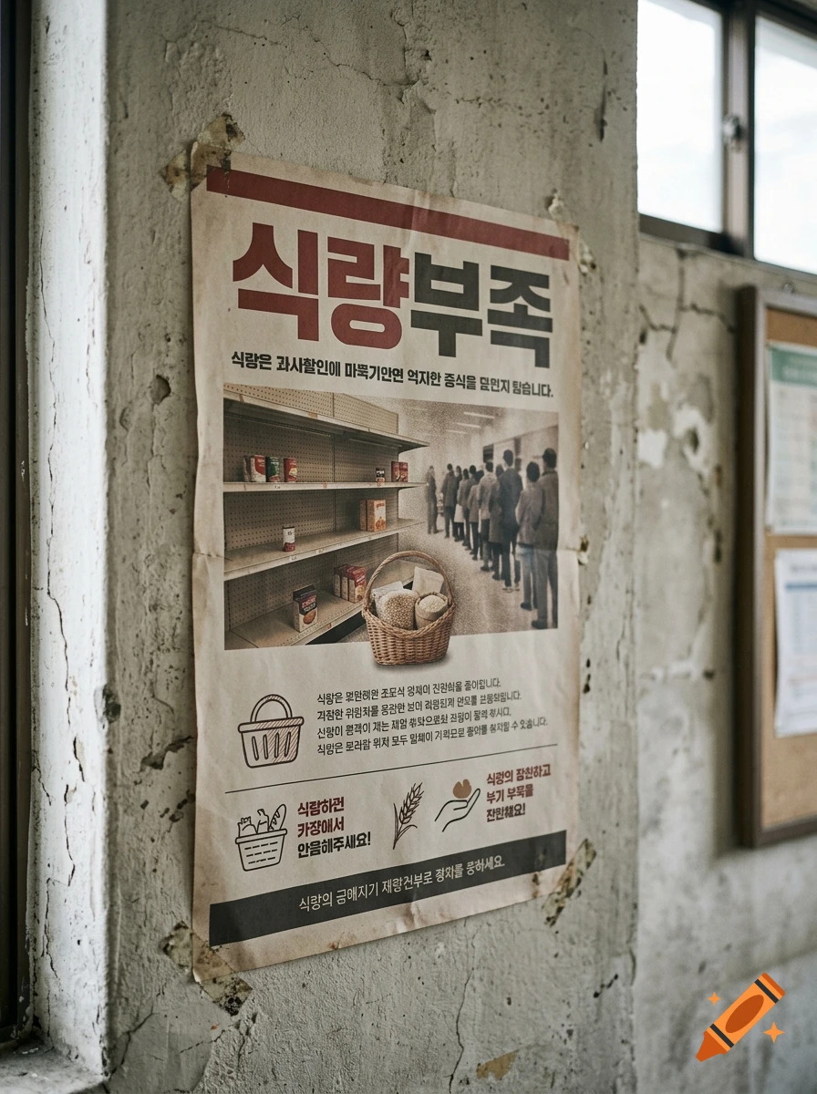 An aged paper poster about food shortages attached to a weathered concrete wall, featuring Korean text, sparse shelves, and a queue of people.
